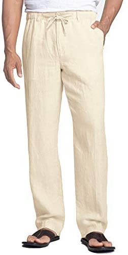Men's Linen Pants Casual Elastic Waist Drawstring Beach Trousers