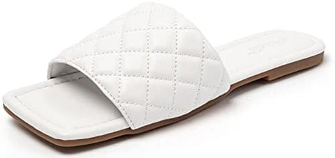 Women's Square Open Toe Flat Sandals Slip On Slide Sandals Woven Strap Flat Sandals