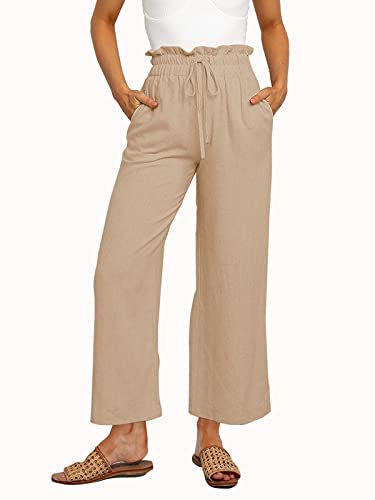Womens Linen Pants High Waisted Wide Leg Drawstring Casual Loose Trousers with Pockets