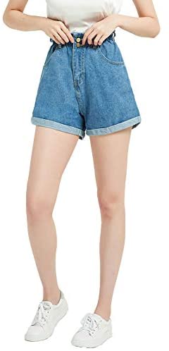 Plaid&Plain Women's High Waisted Denim Shorts Rolled Blue Jean Shorts