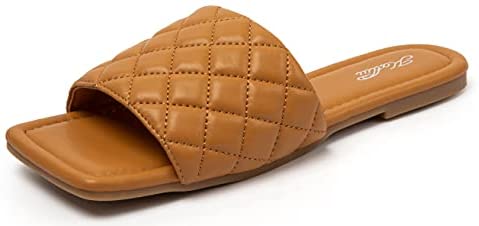 Women's Square Open Toe Flat Sandals Slip On Slide Sandals Woven Strap Flat Sandals