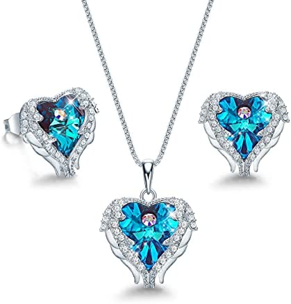 Angel Wing Love Heart Necklaces and Earrings Silver Jewelry Sets