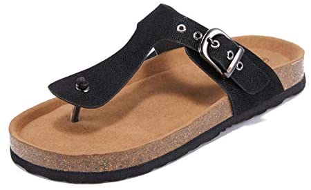 Womens Thong Sandals Slip-On Flats Adjustable T Strap Buckle Footbed Flip-Flop Cork Shoes