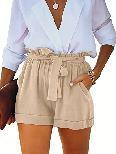 Womens Cotton Linen High Waisted Paper Bag Shorts Lightweight Summer Beach Lounge Shorts with Pockets