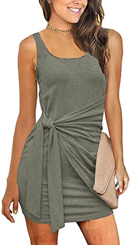 Women Sleeveless Ruched Tie Waist Sundress Tank Bodycon Mini Dress Basic Party Club Shirt Dress