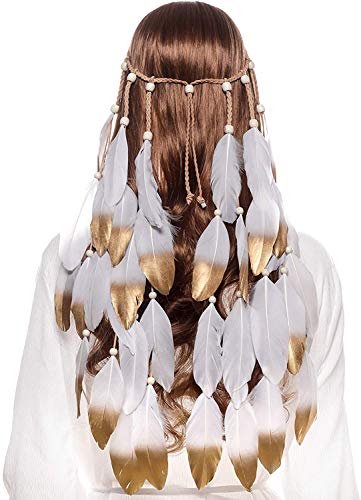 Hippie Headband Feather Dreamcatcher Headdress - AWAYTR Boho Feather Headwear Feather Headpiece Hippie Peacock Feather Festival Hair Band (Brown)
