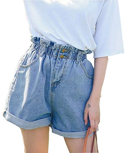 Plaid&Plain Women's High Waisted Denim Shorts Rolled Blue Jean Shorts