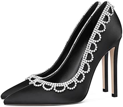 FSJ Women Fashion Rhinestone Chain Pendant Sexy Stilettos High Heels Wedding Pointed Toe Slip On Pump Party Office Dress Shoes Size 4-15 US