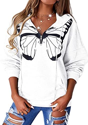Zwurew Women Print Butterfly Long Sleeves Hoodie Top Casual Zip Collar Sweatshirt Pullover With Pocket