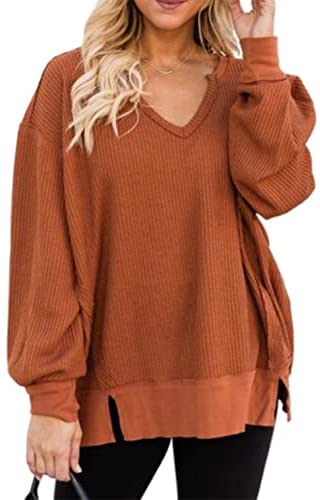 Zwurew Women's Waffle Knit Off Shoulder V-neck Sweater Dolman Long Sleeve Sweatshirt Top