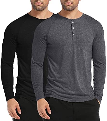Men's 2 Pack Long Sleeve Tee Shirts Casual Henley Shirts Button T Shirts