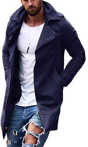 Gafeng Mens Double Breasted Trench Coat Notched Lapel Casual Slim Fit Cotton Long Windbreaker Overcoat