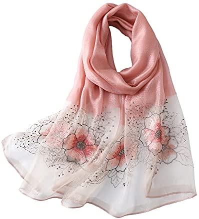 WINCESS YU Women Mulberry Silk Scarf Long & Large Embroidered Floral Pattern Shawl and Wraps Neckerchief for Hair & Neck