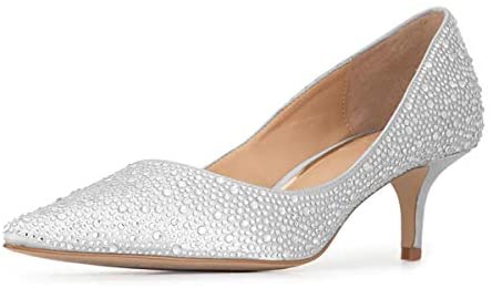 FSJ Women Fashion Pointed Toe Low Thin Heel Pumps Slip on Rhinestones Bridal Wedding Shoes