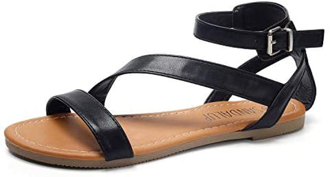SANDALUP Flat Sandals with Oblique Band Ankle Strap for Women