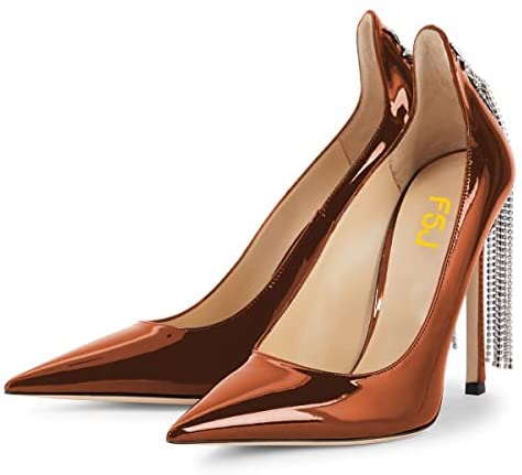 FSJ Women Stylish Rhinestone Chain Pumps Sexy Pointy Toe Stiletto High Heel Party Slip On Swallow Tailed Tassel Dress Prom Bridal Shoes Size 4-15 US