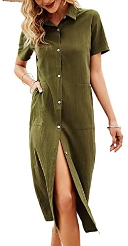 Women's Lapel Short Sleeve Summer Dress Solid Button Cardigan T-Shirts Casual Midi Dresses with Pocket