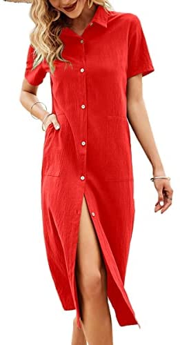 Women's Lapel Short Sleeve Summer Dress Solid Button Cardigan T-Shirts Casual Midi Dresses with Pocket