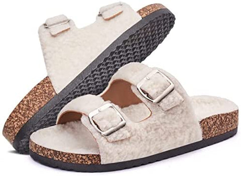 Katliu Women's Flat Slide Sandals Two Straps Buckle Slip on Slides Arch Support Cork Footbed Shearling Sandals