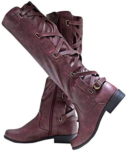 Womens Buckle Knee High Boots Riding Strappy Lace Up Pleated Low Heel Combat Boots