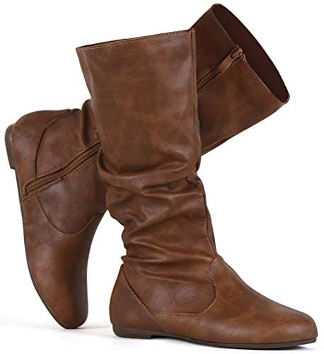 katliu Women's Slouchy Mid Calf Boots Zip up Flat Boots