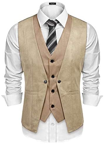 Men's Suede Leather Vest Layered Style Dress Vest Waistcoat