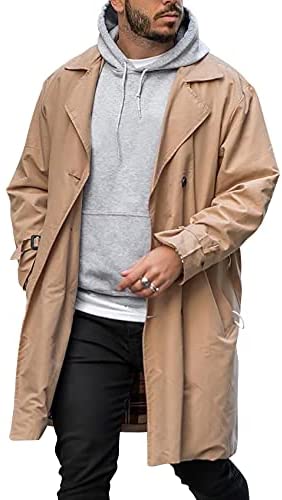Mens Long Trench Coat Single Button Notch Lapel Collar WindBreak Waterproof Overcoat Lightweight Jackets with Pockets