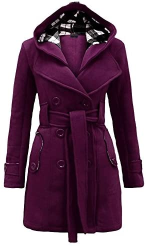 Women's Fleece Check Hooded Pea Coat Winter Double Breast Belted Wool Jacket