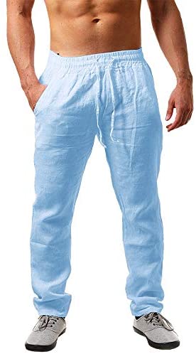 Karlywindow Mens Linen Pants Casual Loose Lightweight Drawstring Elastic Waist Summer Yoga Beach Trousers