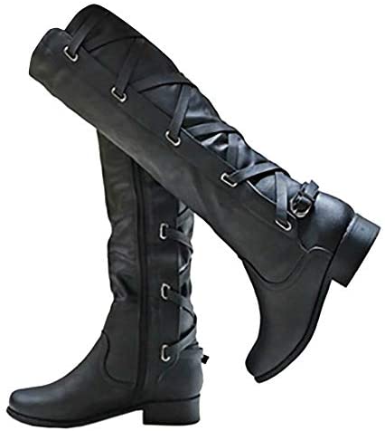 Womens Buckle Knee High Boots Riding Strappy Lace Up Pleated Low Heel Combat Boots