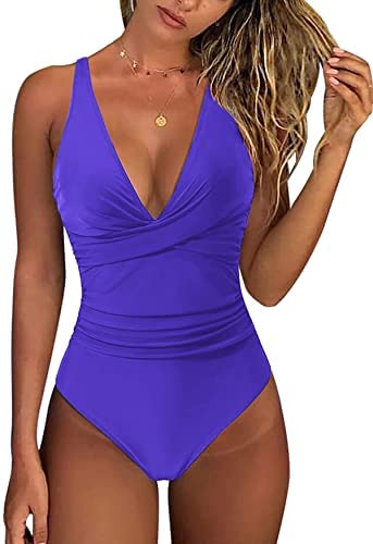 Zwurew Women One Piece V Neck Print Swimwear Swimsuit Solid Bodysuit Monokini Bather Bathing Beachwear