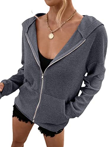Zip Up Hoodie Women Long Sleeve Waffle Fall Oversized Sweatshirts Casual Hoodies Jacket with Pocket