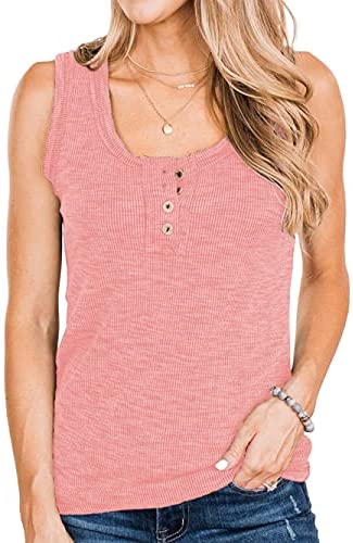 Women Button Henley Tank Top Summer Sleeveless Basic Cami Shirt Slim Knit Ribbed Fitted Blouses Tops
