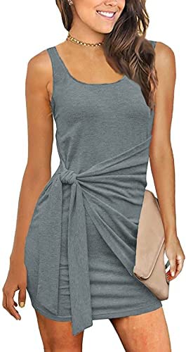 Women Sleeveless Ruched Tie Waist Sundress Tank Bodycon Mini Dress Basic Party Club Shirt Dress