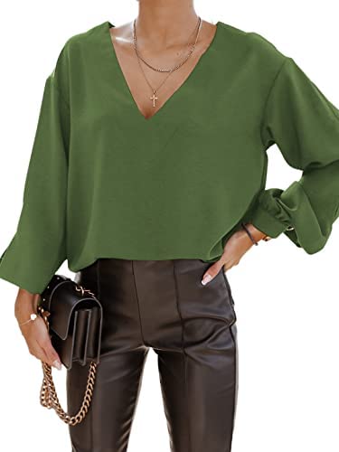 Zwurew Women's V-Neck Long Sleeves Elegant Blouse Solid Casual Office Workwear Basic Tunic Tops