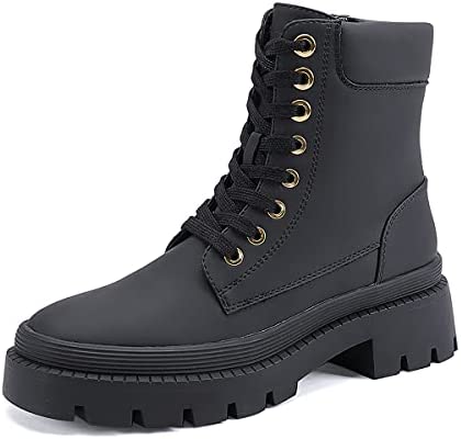 EETTARO Women's Lace Up Ankle Boots Low Heel Military Combat Booties Ladies Mid Calf Work Shoes