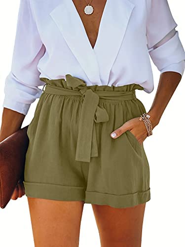 Womens Cotton Linen High Waisted Paper Bag Shorts Lightweight Summer Beach Lounge Shorts with Pockets