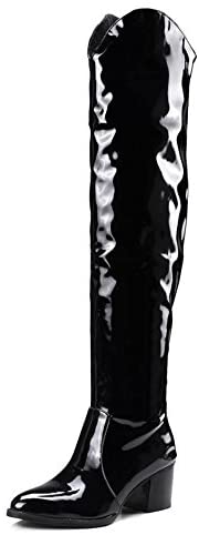 Tale Women's Low Block Heel Pointy Toe Patent Leather Thigh High Over The Knee Boots