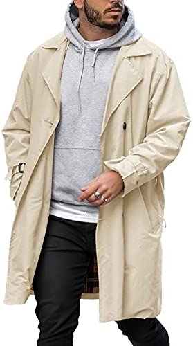 Mens Long Trench Coat Single Button Notch Lapel Collar WindBreak Waterproof Overcoat Lightweight Jackets with Pockets