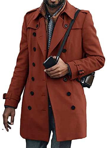 Mens Long Double Breasted Trench Coat Notch Lapel Collar Solid Color Windbreaker Waterproof Jacket Overcoat Outwear