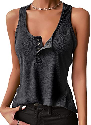 Dyexces Womens Tank Tops Scoop Neck Henley Pullover Summer Ribbed Sleeveless Button Up Cami Knit Tees Shirts
