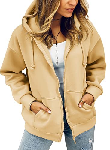 Zwurew Women Long Sleeve Full Zip Up Fleece Hoodies Oversized Casual Sweatshirts Drawstring Jacket with Pockets