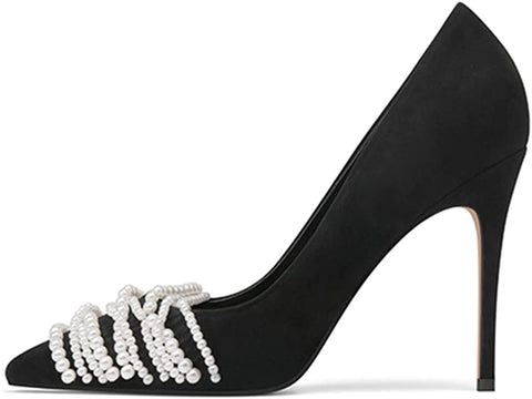 FSJ Women's White Pearl Strings Pointed Toe High Heel Pumps Stiletto Slip On Faux Suede Elegant Ladies Comfy Wedding Dress Party Shoes Size 4-15 US