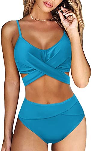 Zwurew Womens Cross Front High Waist Bikini Set Swimsuit Two Piece Lace Up Swimwear Bathing Suit