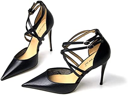 FSJ Women High Heel Stiletto Ankle Strap Sandals Pointed Toe Hollow Pumps Genuine Leather Dress Shoes Cross Strips Buckle Shoes