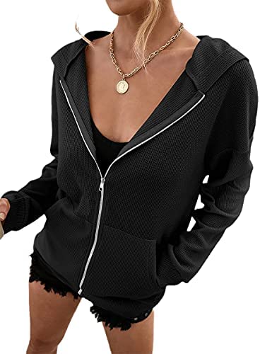 Zip Up Hoodie Women Long Sleeve Waffle Fall Oversized Sweatshirts Casual Hoodies Jacket with Pocket