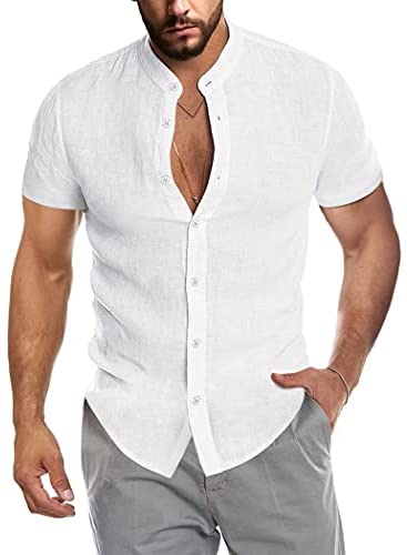 Men's Casual Cotton Shirts Mandarin Collar Short Sleeve Button Down Shirt