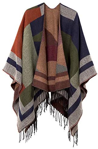Women's Printed Tassel Open front Poncho Cape Wrap Shawl