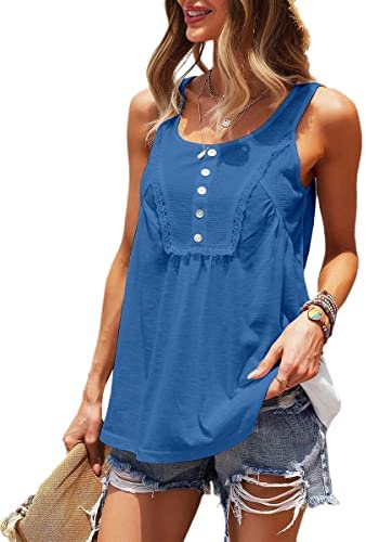 Womens Tank Tops Scoop Neck Waffle Sleeveless Vest Summer Solid Color Lace Cami Tees Shirts