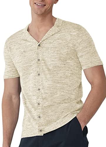 Mens Button Down Shirts Knitted Short Sleeve Casual Lapel V Neck Loose Fit Lightweight Tops with Chest Pocket